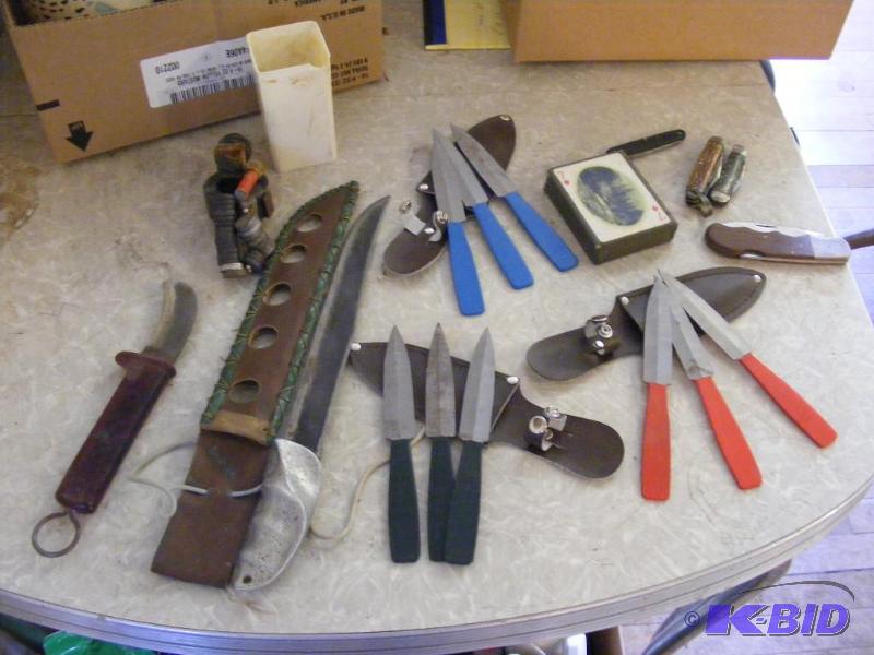 lot 26 image: Box of Knives, homemade knife, three sets of ...
