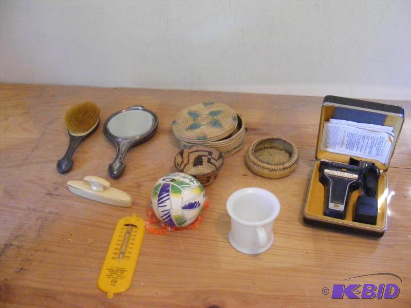 lot 272 image: Vintage Mirror and Hair brush, small baskets,...