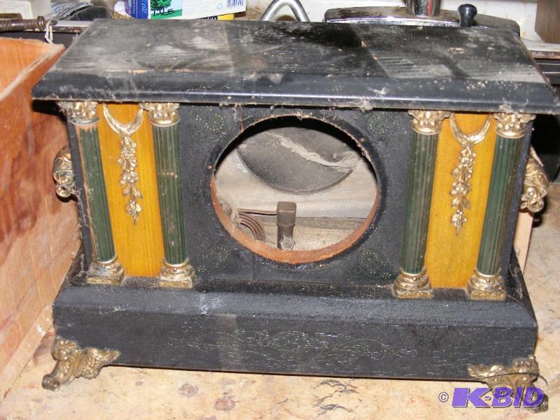 lot 32 image: Old mantel clock, disassembled in box, not su...