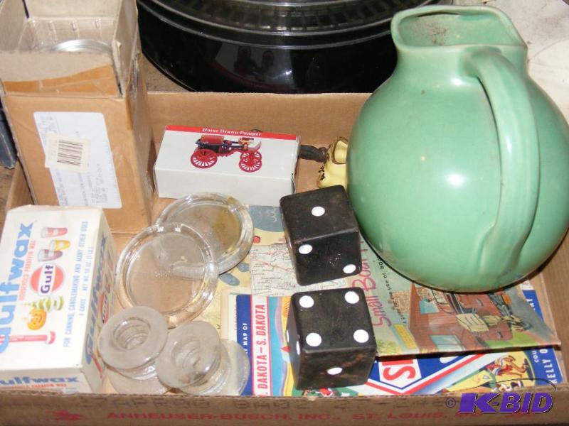 lot 39 image: Variety box, green pitcher, pair of lead dice...