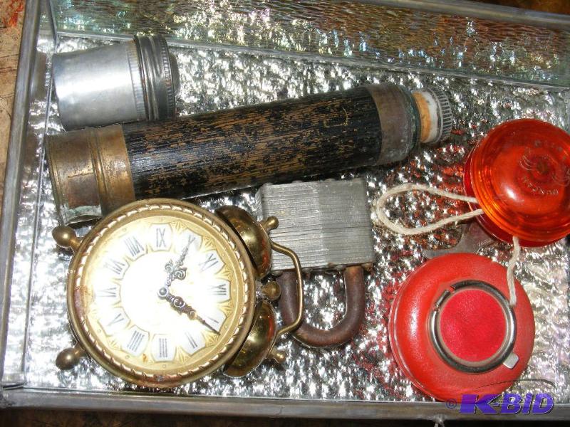 lot 40 image: Stained glass wizard box, telescope, alarm cl...