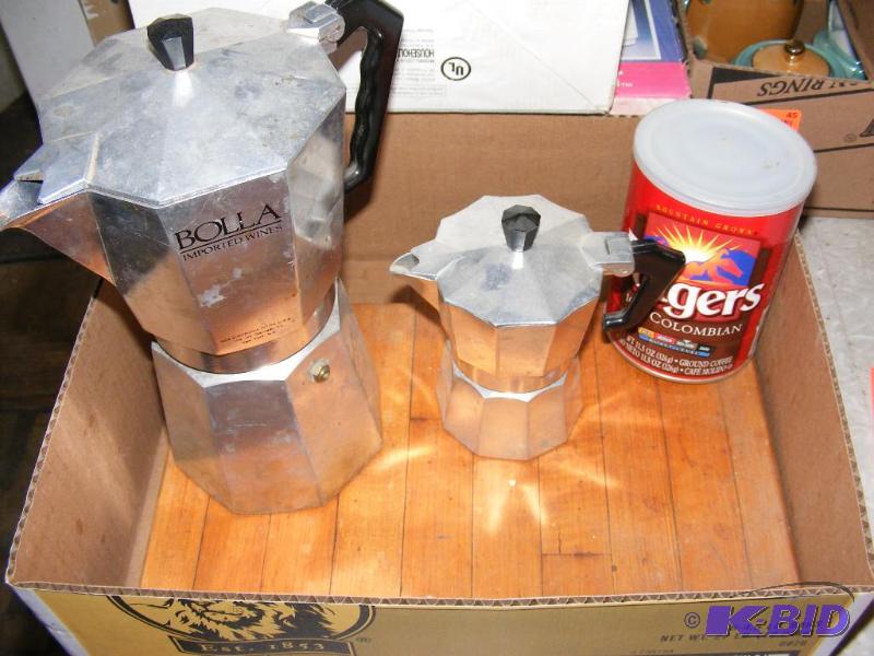lot 50 image: Wood Cutting Board, two coffee pots and unope...