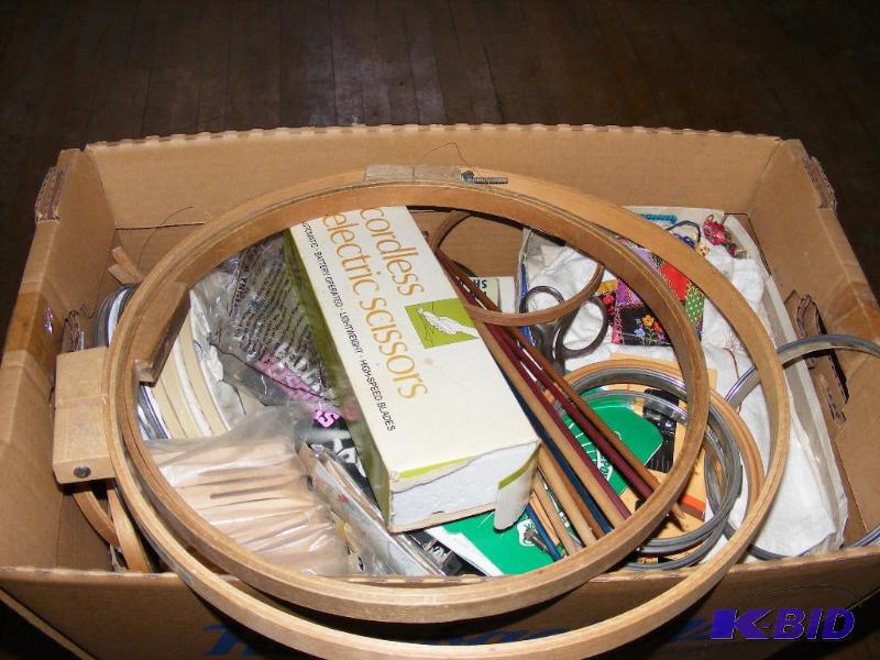 lot 51 image: Box of Crafting Items, embroidery rings and o...