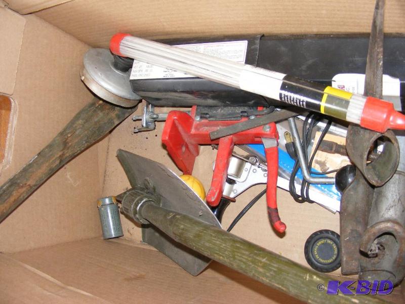 lot 82 image: welding rods, folding army shovel, two older ...