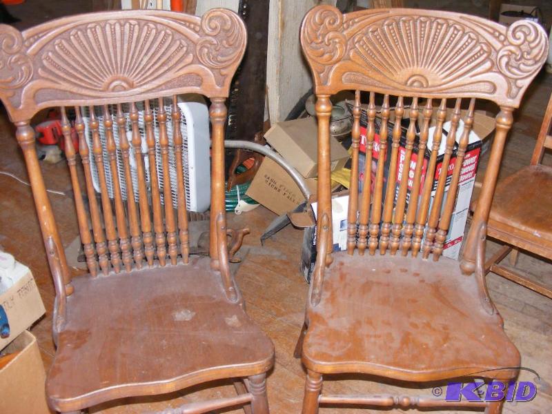 lot 90 image: Pair of Press Back Chairs, both have conditio...