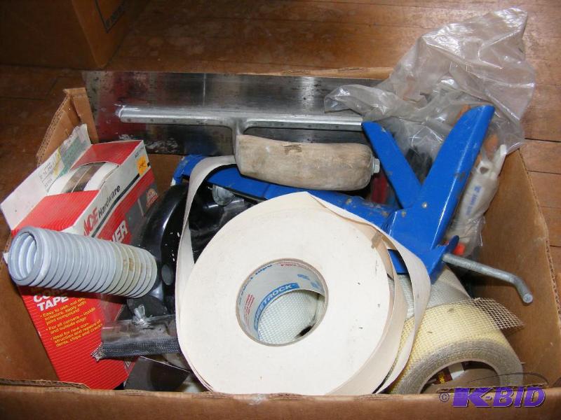 lot 97 image: Drywall items, tapes, knives, hand sander. Pa...
