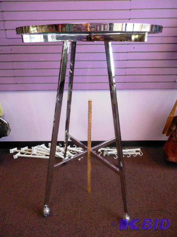 35 Diameter Round Chrome Folding Rack wRectangular Tubing Rail on Round Casters wGlass Topper