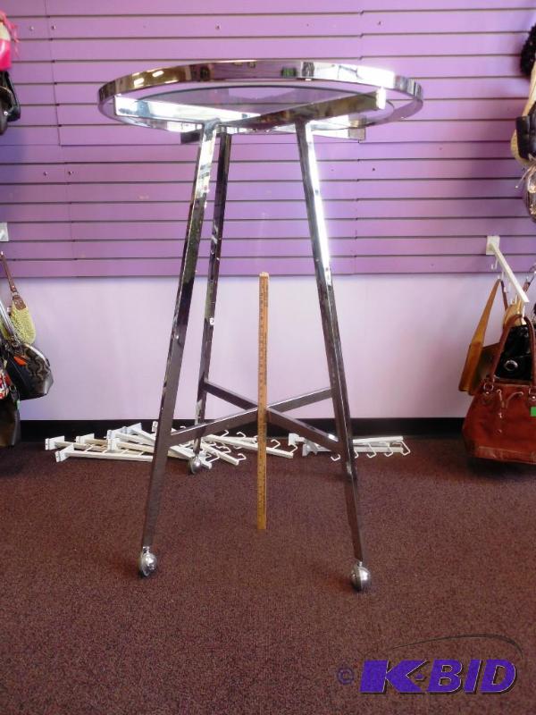 35 Diameter Round Chrome Folding Rack wRectangular Tubing Rail on Round Casters wGlass Topper