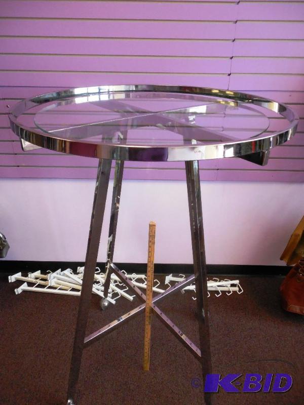 35 Diameter Round Chrome Folding Rack wRectangular Tubing Rail on Round Casters wGlass Topper