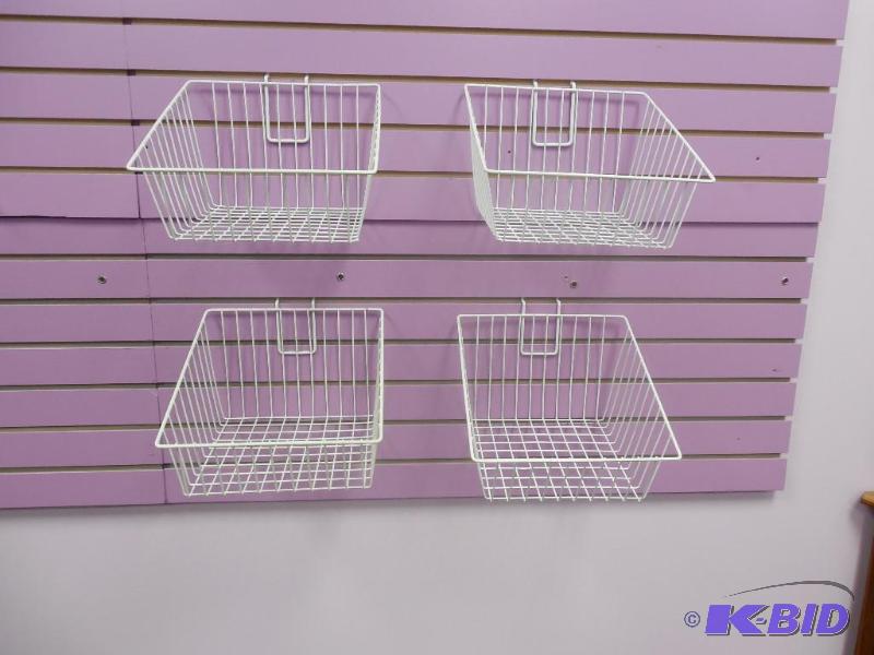 Lot of 4 White Slat Wall Wire Baskets - 12 w X 4 (front) h 8 (back) h X 12 d