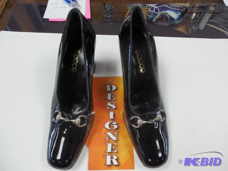 Sacco Black Patent Leather Heels - Silver Hardware