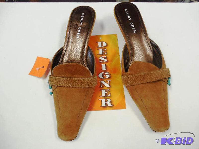 Glory Chen Tan Suede Slides