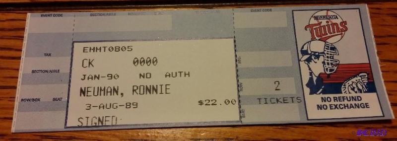 1989 June 19th Twins Ticket, Ronnie Newman...