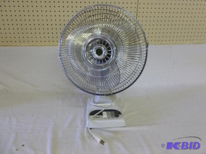 lot 108 image: KMC three speed 12" oscillating fan, nee...