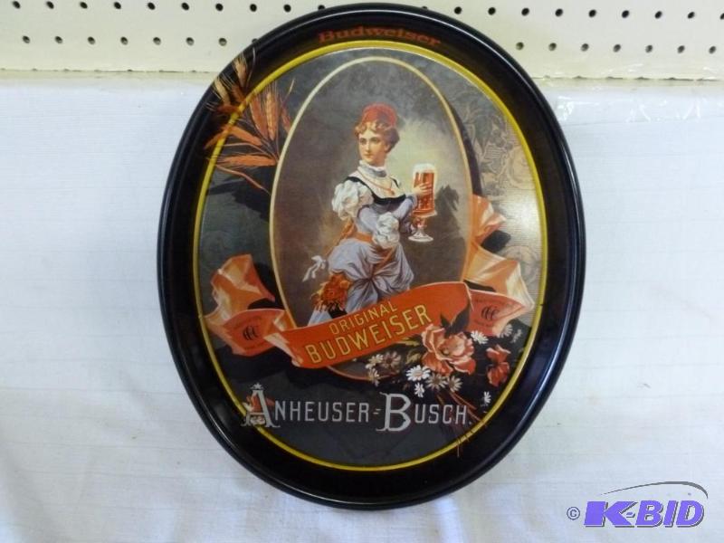 lot 130 image: Large Budweiser metal oval serving tray that ...