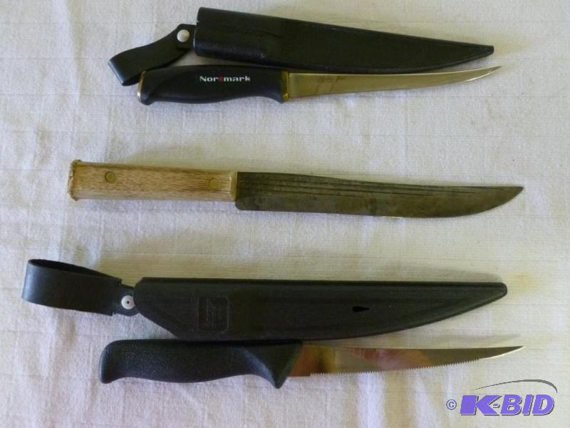 lot 38 image: Lot of three fishing filet knives that includ...