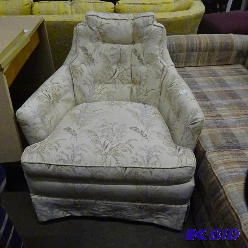 lot 108 image: Cushioned wood framed chair. Clean. No tares...