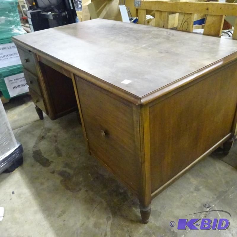 lot 90 image: Vintage wood desk. 60 x 33 x 30. Very nice sh...