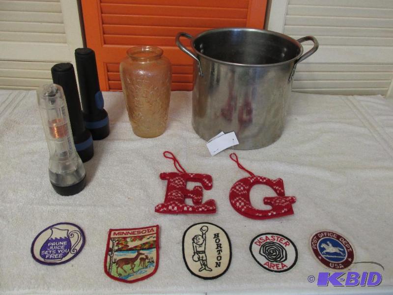 Lot of Household Thaings a nice Stock Pot, a Vase, Some Patches and 3 Flash Lights
