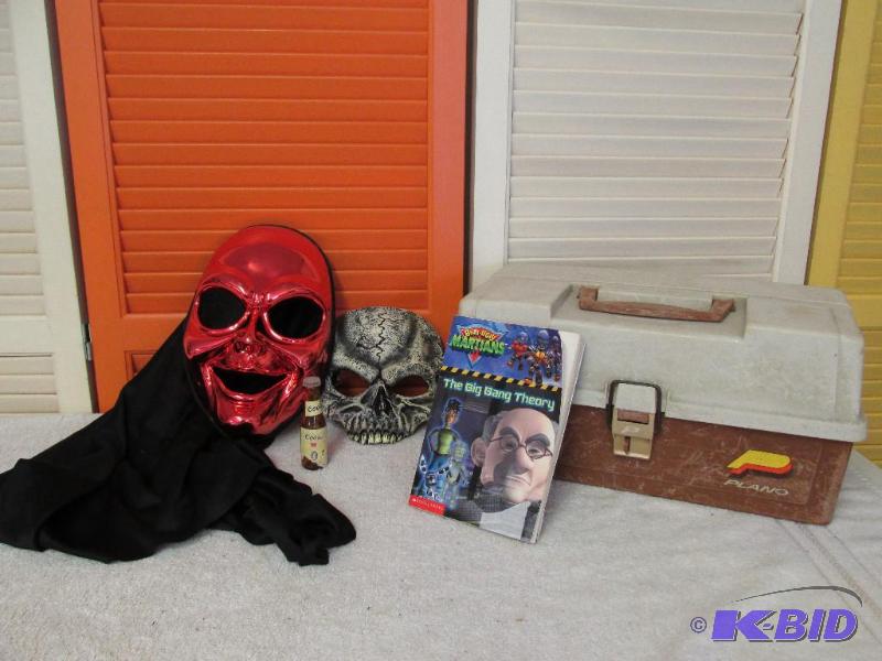 2 Holloween Masks, Big Bang Book and a Plano Tackle Box