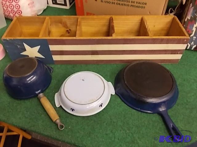 3-Cast Iron Pans (1-Holland), Wood Folk Art S...