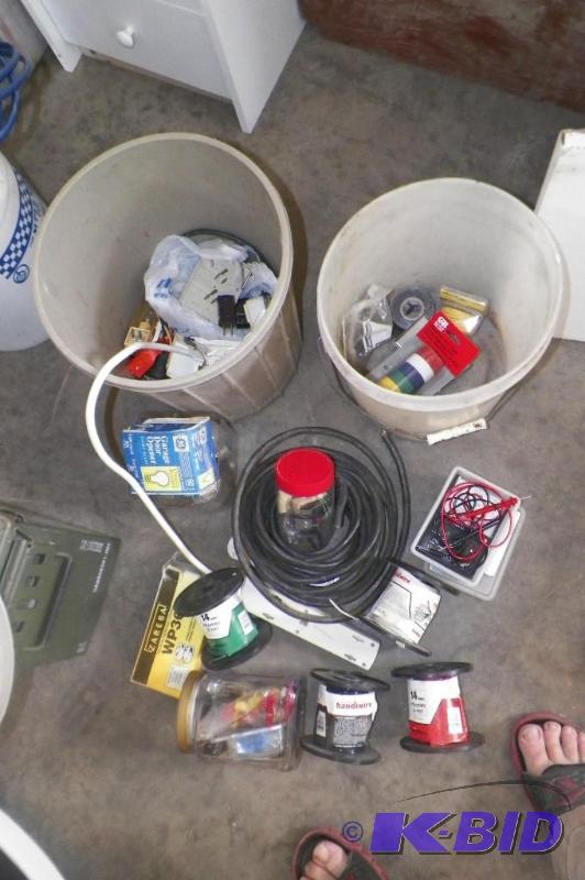 lot 55 image: 2 Buckets Full of Electrical Parts, Wire, Tape, Tester