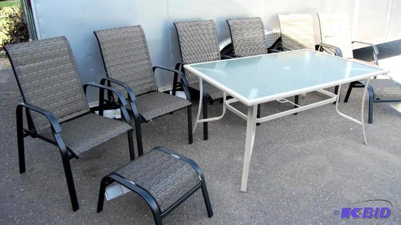 lot 11 image: 9pc Patio Mixed Set, obscure glass top, cente...