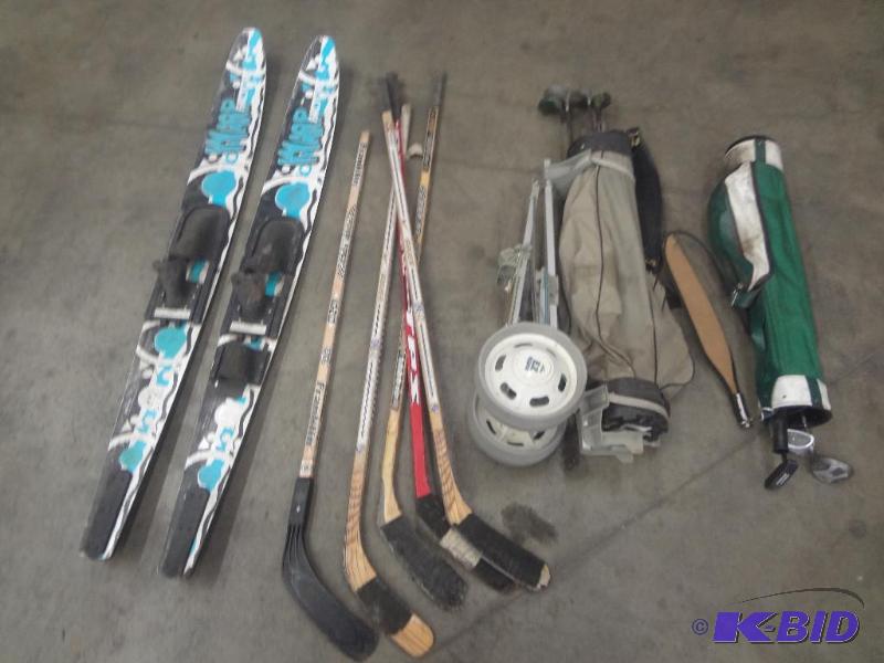 Lot Of Hockey Sticks, Water Skis, (2) Golf C...