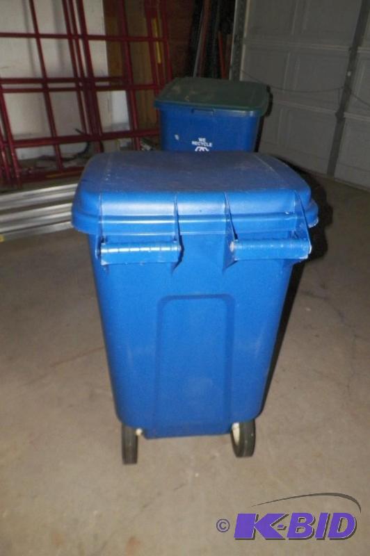 lot 12 image: Rubbermaid Blue Plastic Recycling Can On Wheels 28 Wide x 39 Tall