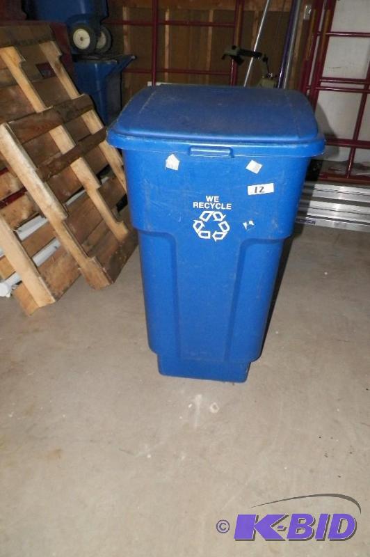 lot 48 image: Rubbermaid Blue Plastic Recycling Can On Wheels 28 Wide x 39 Tall