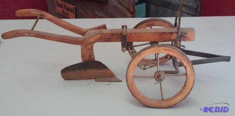lot 25 image: Vintage Horse Drawn Plow Model--Wooden Plow i...
