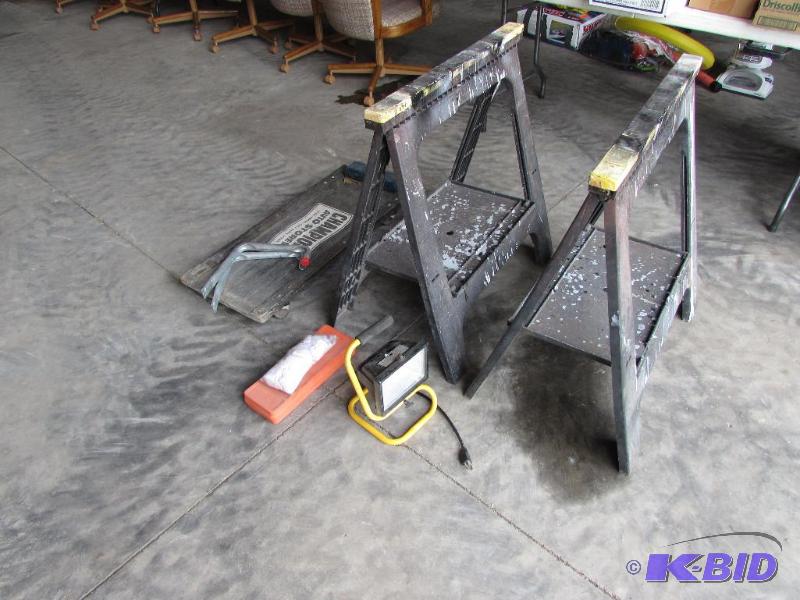 2 collapsible saw horses, light gun cleaning kit, creeper, 2 hanging hooks