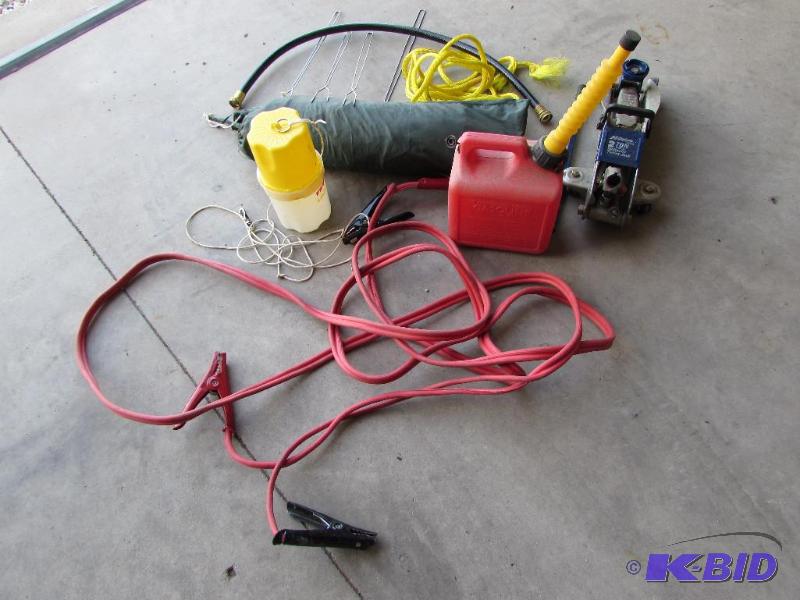 Pup tent, rope, booster cables, 2 ton jack