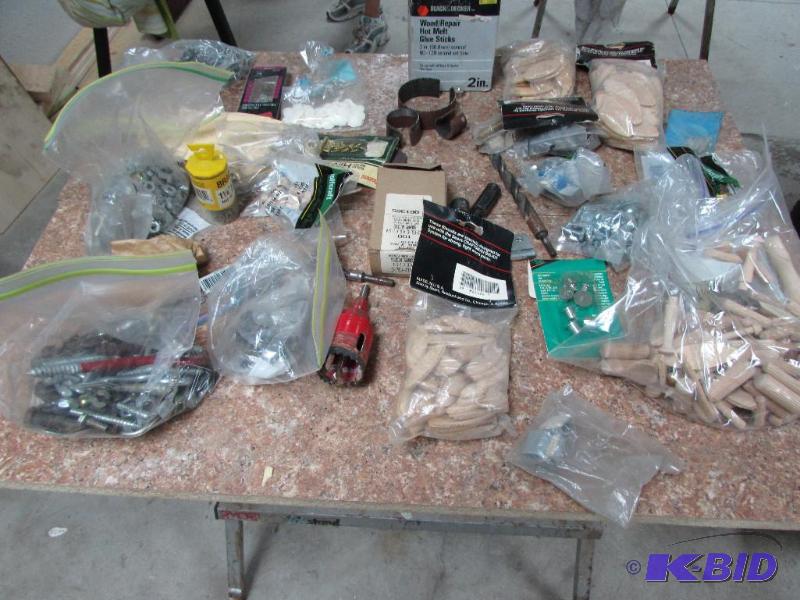 misc biskets, drowels for woodworking, nails, nuts and bolts