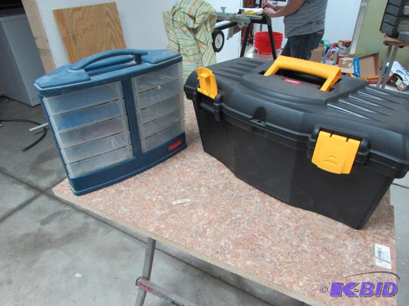 tool box and organizer with misc items in it