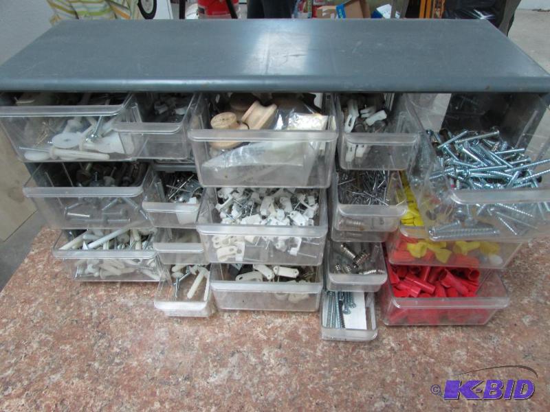 organizer with 9 larger drawers and 10 small drawers, misc items in them