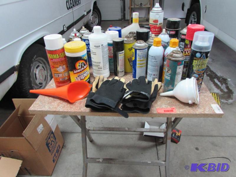 misc lubricants and sealers, 2 pairs of gloves, misc funnels