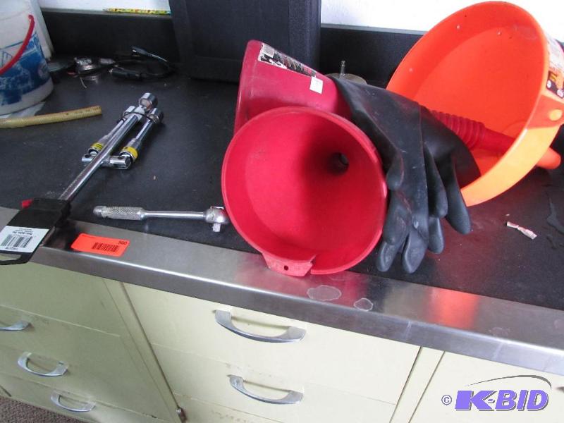 14 inch folding lug nut wrench, 3 funnels, rubber gloves and ratchet