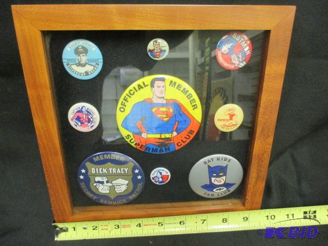 Super heros framed pin backs- Superman -Dick Tracy and more