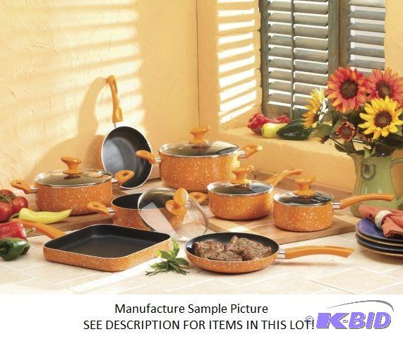 lot 114 image: Eleven Piece Marble Aluminum Cookware Set - O...