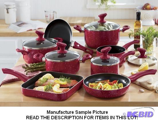 lot 130 image: Nine Piece Marble Cookware Set - Red - Origin...