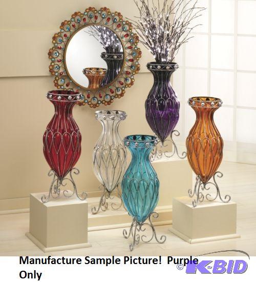 lot 94 image: Purple Captured Glass Vase - Metal stand - Re...