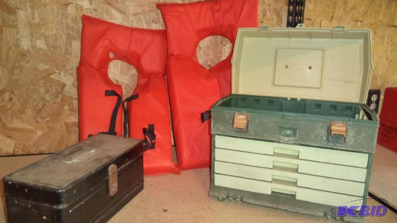 Tackle boxes and life jackets