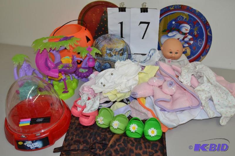 lot 17 image: Baby doll with clothes, Crayola explosion Glow Dome, misc.