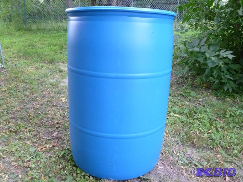 lot 13 image: Large 55 gallon plastic drum, comes with two ...