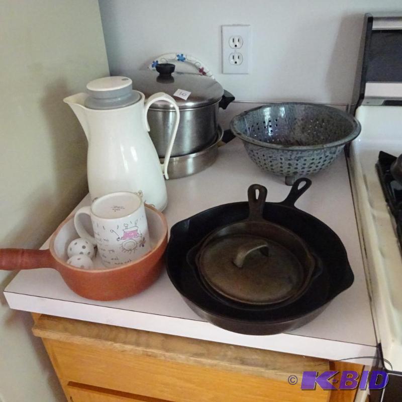 Coffee server. Cast iron pans, Griswald 7oz. ...