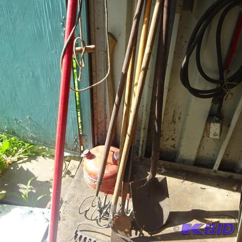 tree pruner. 3 snow shovels. Garden rake. Sho...