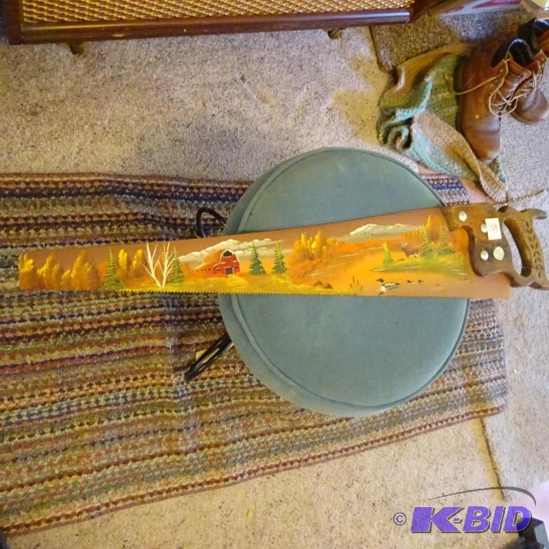 Vintage hand saw with painted scene. Farm and...