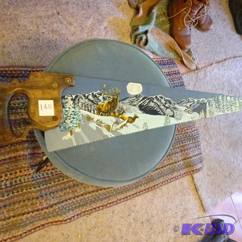 vintage hand saw with painted scene. Winter s...