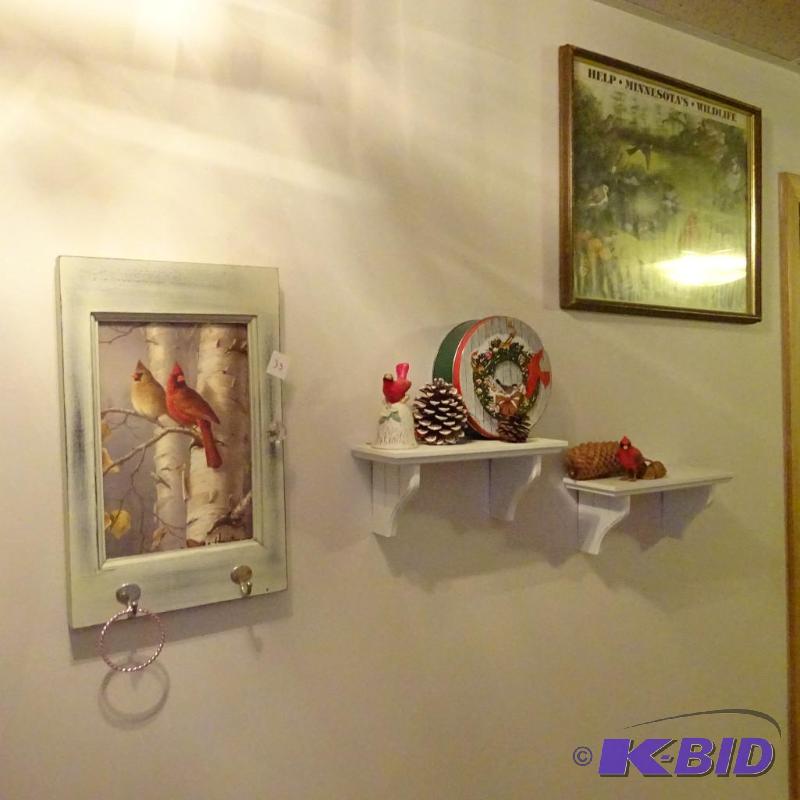 2 cardinal prints and misc dcor. 2 shelvel in...